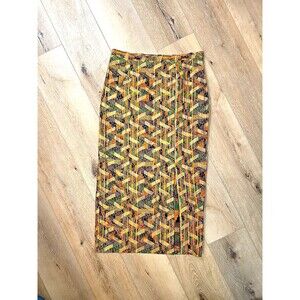 Vtg Hand Made 90s Artisan Multicolor Geometric Midi Pencil Skirt Med Front Slit